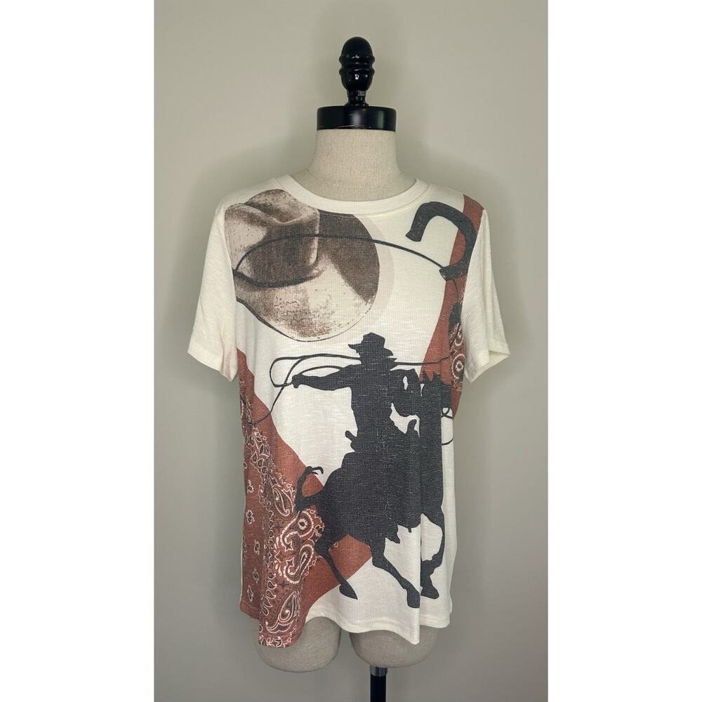 FASHION EXPRESS Ivory Cowboy Horse Bandanna Ribbed Tee Shirt Top Womens M